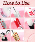 Collage showing how to use Nail Art Brush Kit 22 Piece Set With 2 Way Acrylic Silicone Engraving Pens Dotting Tools