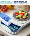 High Precision Digital Lab Scale 1000G Capacity At 0.01G Increments For Lab Jewelry And Kitchen Use With 100G Calibration Weight And 2 AAA Batteries Backlit LCD Display Leveling Bubble Adjustable Feet Easy Tare showing vegetables