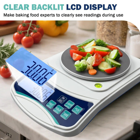 High Precision Digital Lab Scale 1000G Capacity At 0.01G Increments For Lab Jewelry And Kitchen Use With 100G Calibration Weight And 2 AAA Batteries Backlit LCD Display Leveling Bubble Adjustable Feet Easy Tare showing vegetables