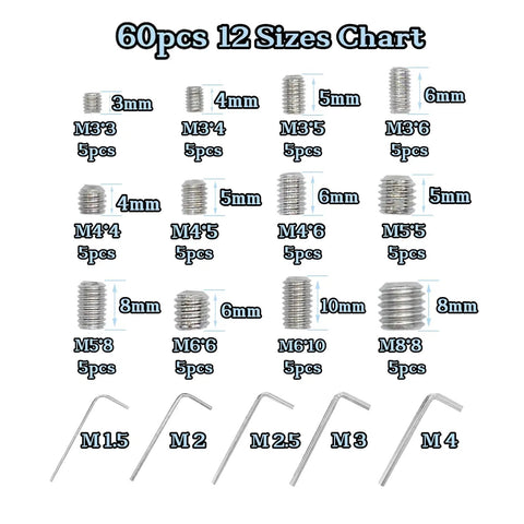 60 Piece Set Of Allen Head Grub Screws M3 To M8 In Stainless Steel Pro Grade For Home Repair Door Lock Install Furniture Fix Electronics DIY Projects And More 12 Sizes shown with corresponding hex wrenches.
