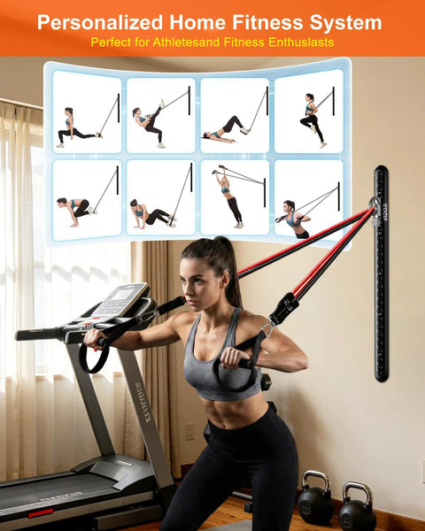 Woman using Hella Sturdy Wall Mount Resistance Band Anchor System With 300 Pound Pull Capacity Adjustable Aluminum Gym Anchors.