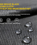 Plain weave black oxford cloth showing anti-slip and wear-resistant features with moisture-proof droplets, suitable for Bunkie boards.