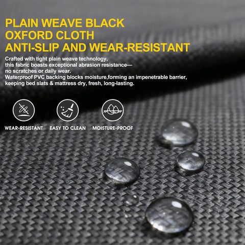 Plain weave black oxford cloth showing anti-slip and wear-resistant features with moisture-proof droplets, suitable for Bunkie boards.