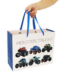 Monster Truck Gift Bags Set With Greeting Card And Tissue Paper For Boys Birthday Parties Baby Showers And Kids Events 13 Inch By 5 Inch By 10 Inch 1 Pack, blue handles, truck illustrations