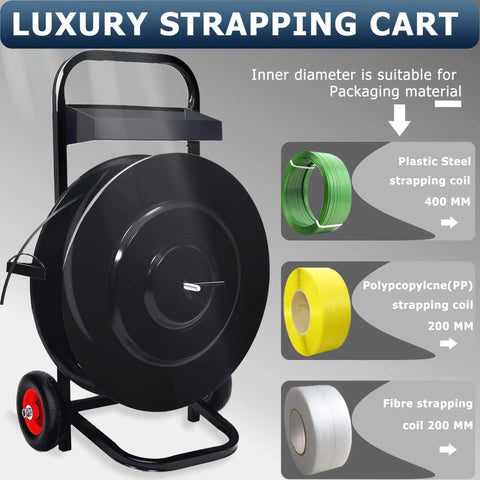 Beast Heavy Duty Strapping Cart With Built In Tray And Dispenser, Deluxe Moveable Dispenser for 16 Inch Coils, Black