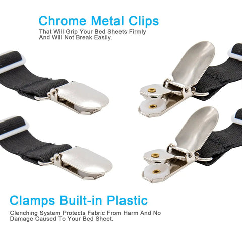 Chrome metal clips of Adjustable Bed Sheet Fasteners 4 Pack With Elastic Straps And Clips, Heavy Duty Gripper Suspenders Black.