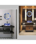 Top Shelf Rectangular Ceramic Vessel Sink With Slick Hand Painted Blue Finish For Above Counter Vanity Setup in stylish bath setting.