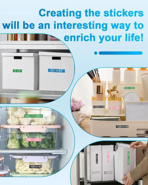 Retro Manual Embossing Label Maker Kit With 6 Color Tapes used to label storage boxes and containers in a neat setup.