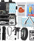 All In One 16 In 1 Waterproof Survival Kit For Camping Hiking Travel And Adventures With Stainless Steel Tool Card Fire Starter Compass Wire Saw Emergency Whistle Flashlight And Blanket contents displayed