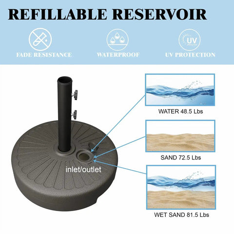 Diagram showcasing the Beefy 22L Water Filled Patio Umbrella Base With Dual Locking Knobs Heavy Duty HDPE with inlet for water or sand.