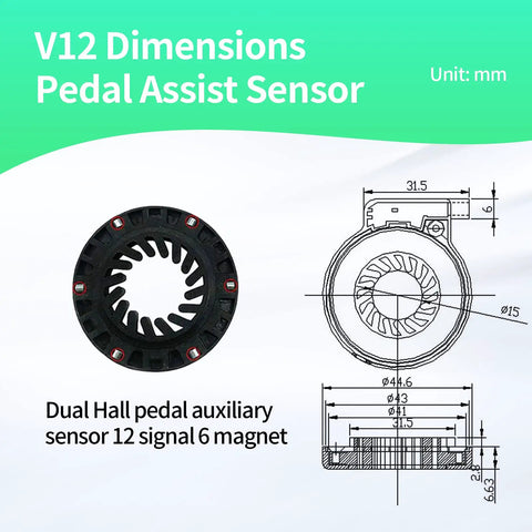 Ride Ready V12 L Dual Hall Pedal Assist Sensor For Ebike Left Crank With 12 Magnets Signal Output dimensions diagram