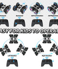 Rad Remote Control Stunt Car for Kids shown performing spins and flips with wireless controller, highlighting movement directions.