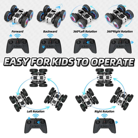 Rad Remote Control Stunt Car for Kids shown performing spins and flips with wireless controller, highlighting movement directions.