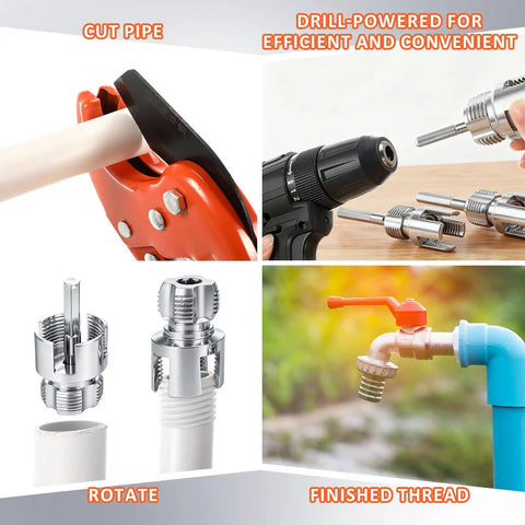 ElaraBerry 4 In One Water Pipe Wrench And Threader Tool Kit cutting PVC pipe and drill for efficient plumbing jobs.
