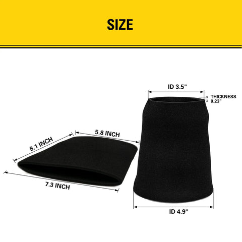 Foam Filter For 1 To 5 Gallon Wet Dry Vacuum High Efficiency Replacement Part Compatible With Models SL18123P shown with dimensions