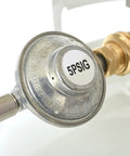 Close-up of propane regulator attached to tank for Big 60,000 BTU Portable Propane Forced Air Heater For Outdoor Use.