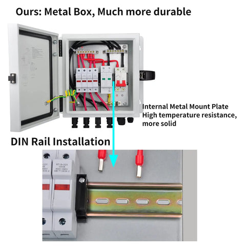 Heavy Duty 4 String PV Combiner Box With A Straight Up 15A Setup and Rock Solid Metal Housing for Reliable On Off Grid Solar Arrays, open view showing internal wiring arrangement.