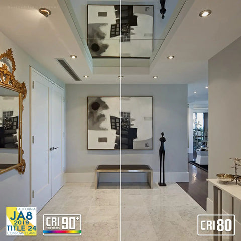 Hallway with art, showcasing the difference in lighting quality between CRI 90+ and CRI 80 with 3 Inch Gimbal LED Recessed Lights