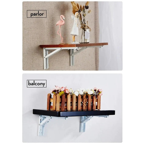 Two Pack Folding Triangle Shelf Brackets Wall Mounted for Tools and Benches 12 Inch White Heavy Duty Spring Support Space Saver for Shelves and Tables Easy Fold Up Design showcasing a wall-mounted shelf in a parlor and balcony with decorative items.