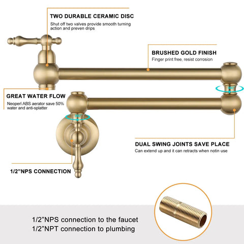 Gold Pot Filler Faucet Wall Mount Copper Folding Faucet With Two Handles And Double Joint Swing Arms, brass construction.