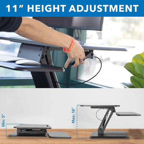 Compact 25 Inch Standing Desk Converter Sit Stand Desk Riser With Gas Spring Lift for height adjustment demonstration.