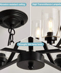 Five Light Black Glass Chandelier With Rustic Metal Pendant Lighting For Farmhouse Kitchen Living Room Foyer And Dining Area Ceiling Mount E26 Base Dimmable Bulbs Hardwired Installation Vintage Rustic Vibe showing close-up of ceiling mount and black glass shades.