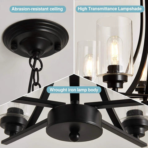 Five Light Black Glass Chandelier With Rustic Metal Pendant Lighting For Farmhouse Kitchen Living Room Foyer And Dining Area Ceiling Mount E26 Base Dimmable Bulbs Hardwired Installation Vintage Rustic Vibe showing close-up of ceiling mount and black glass shades.