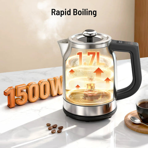 Your Go To Electric Kettle With Precise Temperature Control 1.7L 1500W on kitchen counter with LED display and boil dry protection.