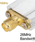 Close-up of 915MHz Bandpass Receiver Filter With SMA Interface, 26MHz Bandwidth showing SMA connector and metallic casing.