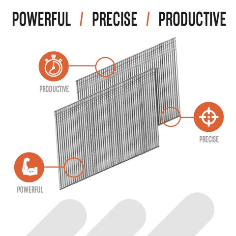 Heavy Duty Galvanized Finishing Nails for 20 Degree Angled Nailer 16 Gauge 2 and a Half Inch 2000 Per Box Chisel Point to Prevent Wood Splitting Durable Trim Nail Solution for a Smooth Pro Finish displayed with productivity features