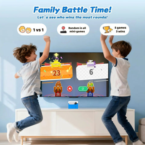 Active Motion Console With 41 Motion Games For Kids And Family, No Subscriptions, Continuous Updates, Plug And Play For Party Nights And Playdates, Dance, Sports, Puzzles, And Music Challenges showing two boys playing 1v1