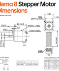 Technical drawing of Nema 8 Stepper Motor with dimensions and wiring diagram for DIY projects, 25mm body, 2 phase, bipolar