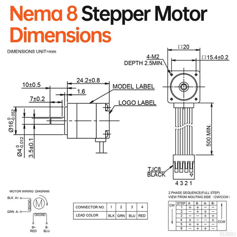Technical drawing of Nema 8 Stepper Motor with dimensions and wiring diagram for DIY projects, 25mm body, 2 phase, bipolar