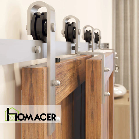 Close-up of Brushed Nickel Single Track Bypass Sliding Barn Door Hardware Kit For Double Doors, 6Ft Flat Track, installed on wood door