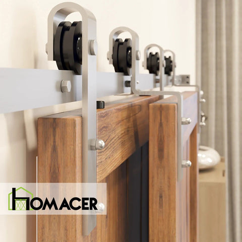 Brushed Nickel Single Track Bypass Sliding Barn Door Hardware Kit For Double Doors Featuring Nine Foot Flat Rail and heavy duty rollers.
