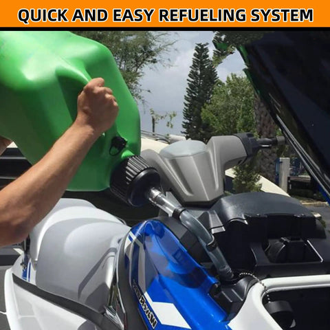 Person refueling with Pro Grade Fuel Filler Hose Kit With Ball Valve Tank Hose And Upgraded Hose Bender For Tuff Jugs
