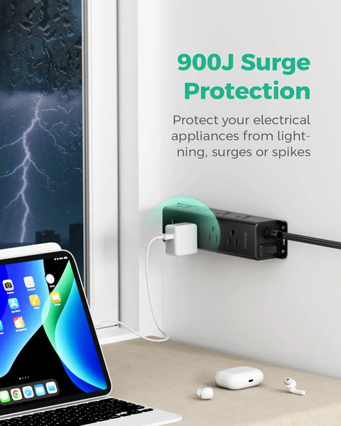 Heavy Hitter 12 Outlet Surge Protector Power Strip With Super Roomy Layout For Zero Plug Tangles, Floor Or Wall Mount, 5 Foot Cord, 900 Joule Shield, Simple Reset Switch with laptop, wall-mounted.