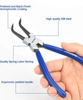 Close-up of 7 Inch Snap Ring Pliers with bent jaws and blue ergonomic grips, highlighting black finish and spring-loaded handle.