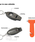 Four-in-one whistle with compass, thermometer, magnifier, and orange safety hammer included in Beefed Up Roadside Emergency Car Kit.