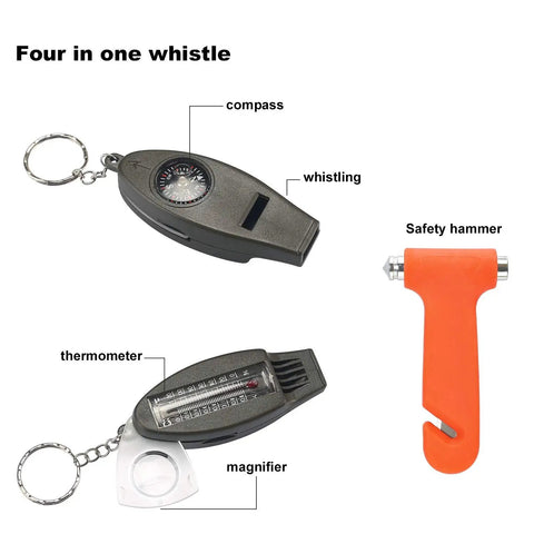 Four-in-one whistle with compass, thermometer, magnifier, and orange safety hammer included in Beefed Up Roadside Emergency Car Kit.