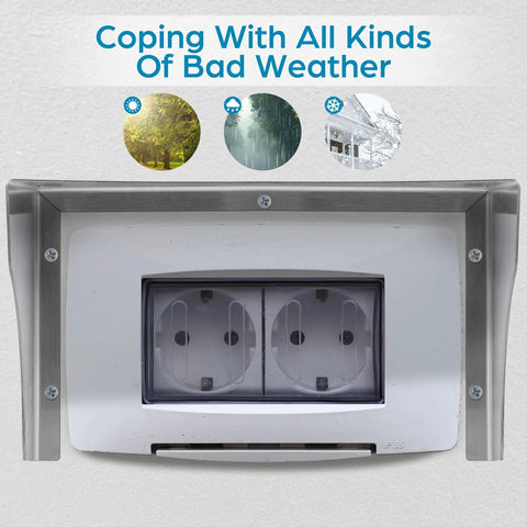 Tough As Nails Stainless Steel Doorbell Cover Plus Weatherproof Electrical Outlet Protector Shield Box For EV Charging Stations showing dual outlets.