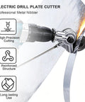 Upgraded Heavy Duty Metal Nibbler Drill Attachment With Seven Piece Kit For Iron Steel Aluminum Copper Plastic Up To 1 Mm Precision Sheet Metal Cutter Tool cutting through metal sheet with electric drill.