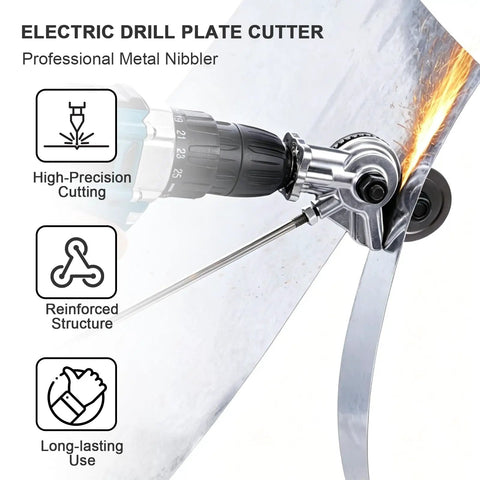 Upgraded Heavy Duty Metal Nibbler Drill Attachment With Seven Piece Kit For Iron Steel Aluminum Copper Plastic Up To 1 Mm Precision Sheet Metal Cutter Tool cutting through metal sheet with electric drill.
