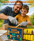 Kid Safe Wood Carving Starter Kit With Round Tip Safety Knives, Cut Resistant Gloves, Tape, And Storage Bag displayed with father and son carving.