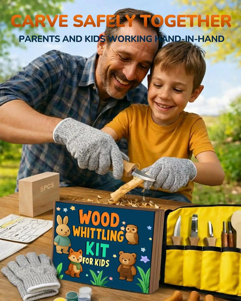 Kid Safe Wood Carving Starter Kit With Round Tip Safety Knives, Cut Resistant Gloves, Tape, And Storage Bag displayed with father and son carving.