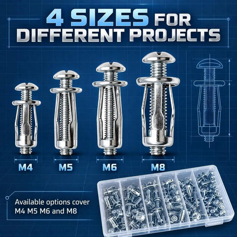 30 Piece Button Head Locking Nuts And Rivet Fastener Kit Featuring M4 M5 M6 M8 Sizes with petal design and various sizes displayed.