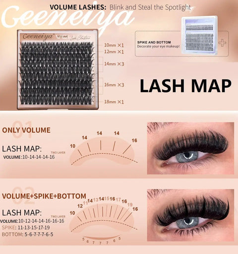 Diagram showing lash maps for 5 Styles Lash Clusters Kit With Volume Mega Full Bottom Spike Extensions Lash Bond And Seal Remover