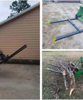 43 Inch Clamp On Pallet Forks For Tractor Bucket Attachments with adjustable stabilizer bar on various tractors and tasks.