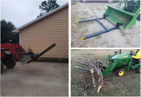 43 Inch Clamp On Pallet Forks For Tractor Bucket Attachments with adjustable stabilizer bar on various tractors and tasks.