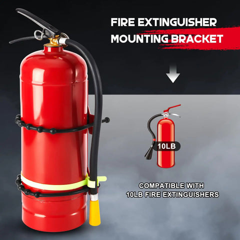 Fire extinguisher mounted on a wall bracket showing Two Pack Adjustable Fire Extinguisher Mount Bracket Heavy Duty Holder For Home, Truck, RV, Boat And Commercial Use, Easy Install, Securely Holds Up To 10 Lb, Durable Wall Mount Bracket For Safety Equipment